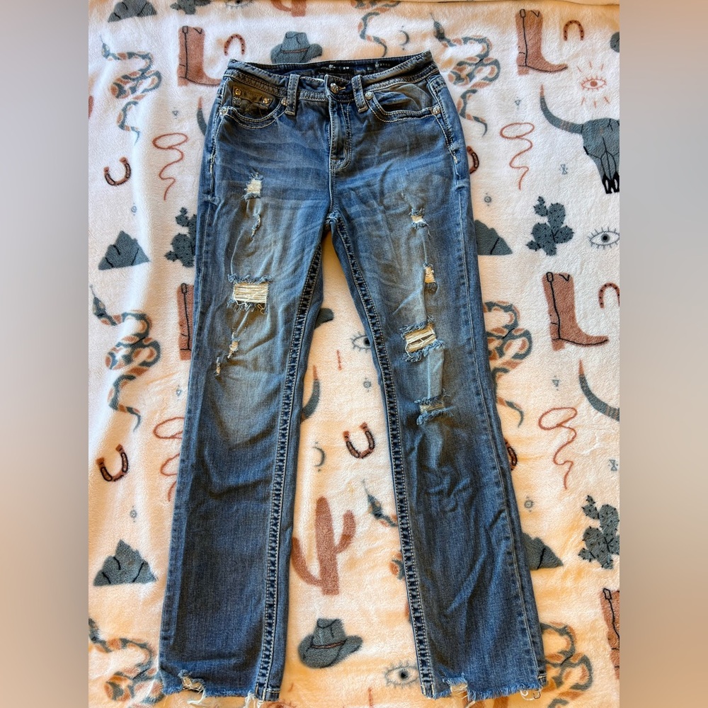 Miss Me Distressed Straight Leg Jeans - Blue